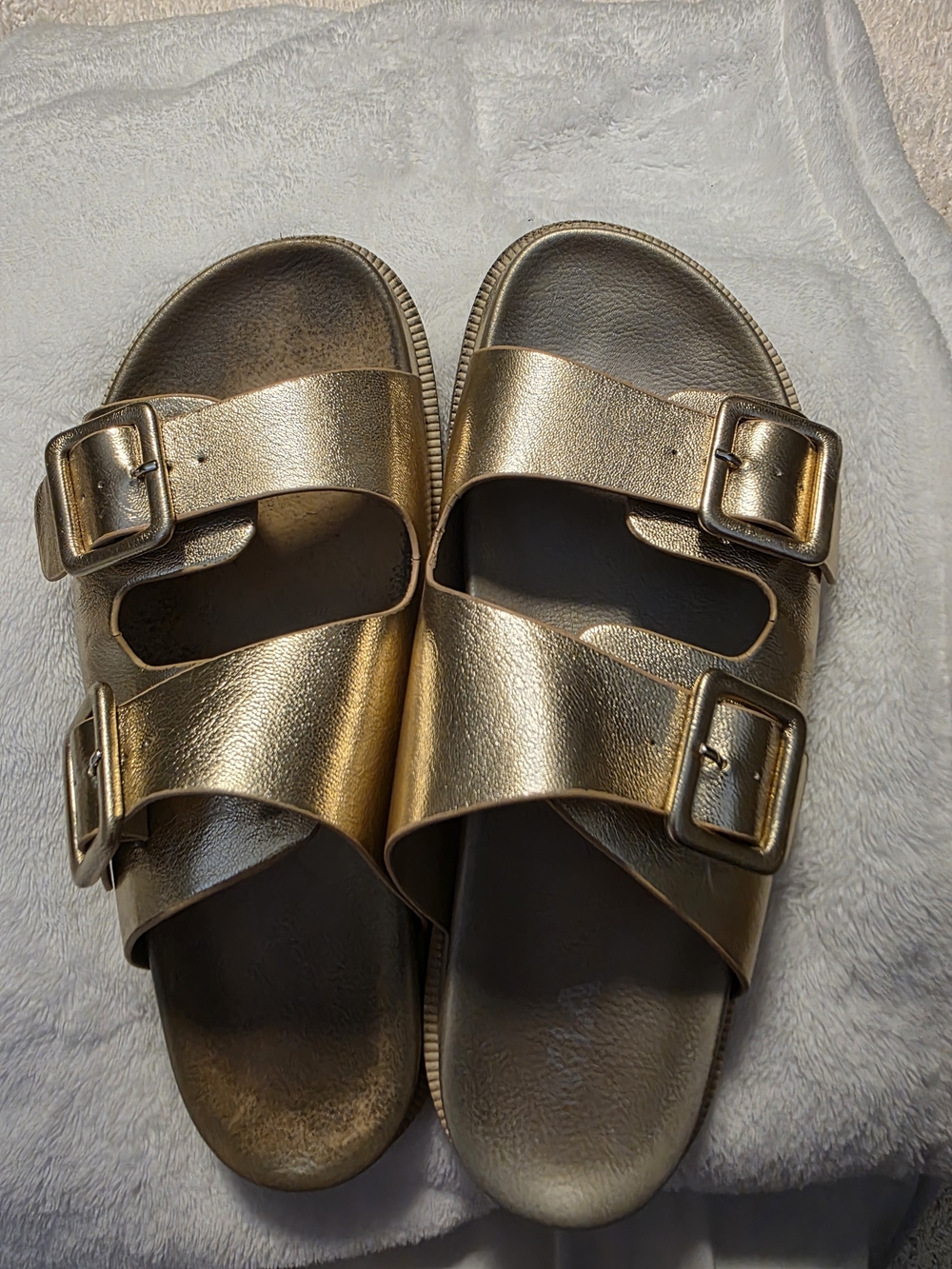 MIA Metallic Gold Double Buckle Slide Sandals